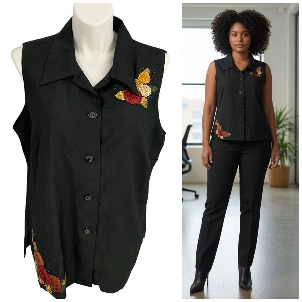 Robert Lewis Shirt Womens 22W Top Button Up Collar Sleeveless Boho Beaded Floral